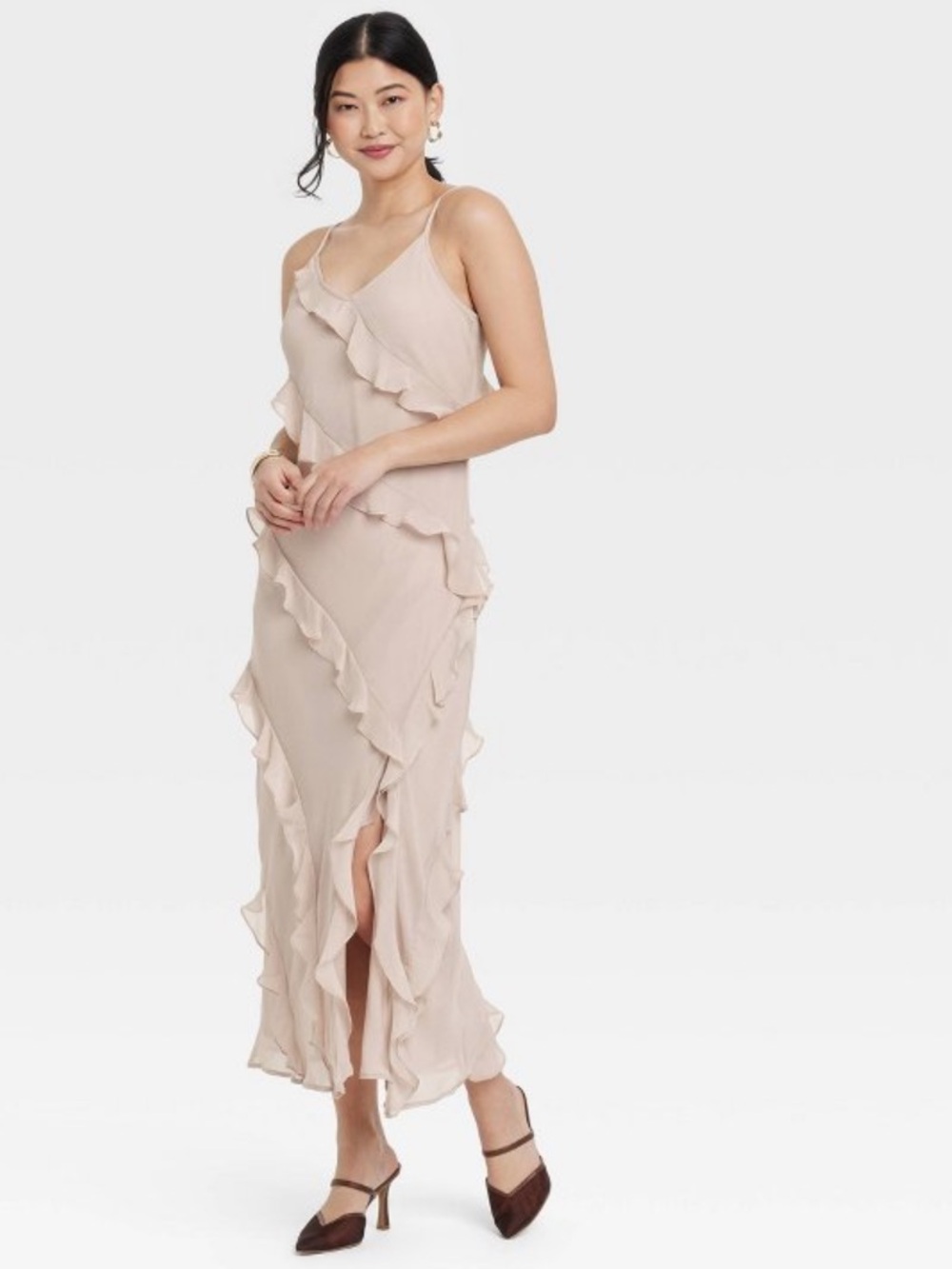 NEW A New Day Target Chiffon Ruffle Maxi Dress Beige Tan Neutral Fairy Medium